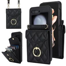 Per Samsung Galaxy Z Flip6 Custodia per telefono con slot per schede RFID a reticolo diamantato con supporto ad anello (nero)