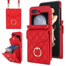 Per Samsung Galaxy Z Flip6 Custodia per telefono con slot per schede RFID a reticolo diamantato con supporto ad anello (rosso)