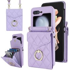 Per Samsung Galaxy Z Flip6 Custodia per telefono con slot per schede RFID a reticolo diamantato con supporto ad anello (viola)