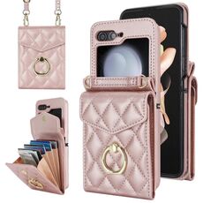 Per Samsung Galaxy Z Flip6 Custodia per telefono con slot per schede RFID a reticolo diamantato con supporto ad anello (oro rosa)