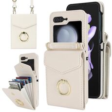 Per Samsung Galaxy Z Flip6 Custodia per telefono con slot per schede RFID Litchi Texture con supporto ad anello (bianco)