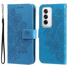 Per OPPO Reno12 5G Custodia per telefono in pelle con stampa a fiori a sette petali (blu)