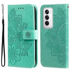 Per OPPO Reno12 5G Custodia per telefono in pelle con goffratura globale a sette petali di fiori (verde)