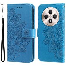 Per OPPO Reno12 F 5G Custodia per telefono in pelle con stampa a fiori a sette petali (blu)