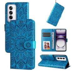 Per OPPO Reno12 5G Custodia per cellulare in pelle di girasole goffrata globale (blu)