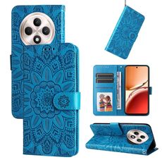 Per OPPO Reno12 F 5G Custodia per telefono in pelle con stampa girasole globale (blu)
