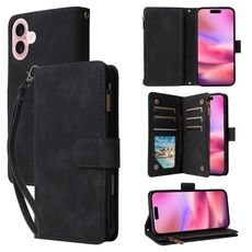 Per iPhone 16 Custodia per telefono in pelle con cerniera e portafoglio multi-slot per carte di credito (nero)