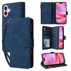 Per iPhone 16 Custodia a tracolla in pelle con cerniera per portafoglio con slot multischeda (blu scuro)