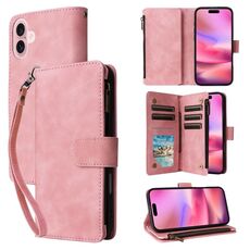 Per iPhone 16 Custodia a tracolla in pelle con cerniera per portafoglio con slot multischeda (rosa)