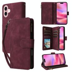 Per iPhone 16 Plus Custodia a tracolla in pelle con cerniera per portafoglio con slot multischeda (vino rosso)