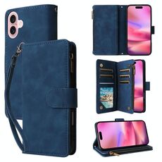 Per iPhone 16 Plus Custodia per telefono in pelle con cerniera a portafoglio con slot multischeda a tracolla (blu scuro)