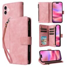 Per iPhone 16 Plus Custodia per cellulare in pelle con cerniera a portafoglio con slot multischeda (rosa)