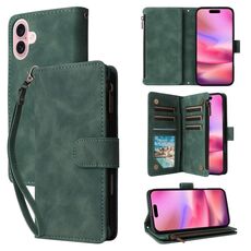 Per iPhone 16 Plus Custodia per cellulare in pelle con cerniera a portafoglio con slot multischeda (verde)