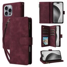 Custodia per telefono in pelle con cerniera a portafoglio con slot multischeda per iPhone 16 Pro (vino rosso)