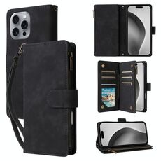 Per iPhone 16 Pro Custodia a tracolla in pelle con cerniera per portafoglio multi-slot per carte (Nero)