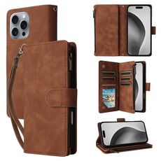Per iPhone 16 Pro Crossbody Multi-card Slot Portafoglio Cerniera Custodia per telefono in pelle (marrone)