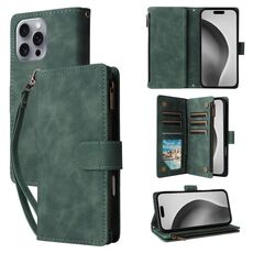 Per iPhone 16 Pro Custodia a tracolla in pelle con cerniera per portafoglio con slot multischeda (verde)