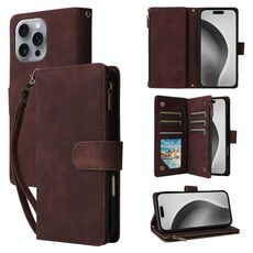 Custodia per telefono in pelle con cerniera per portafoglio con slot multi-scheda a tracolla per iPhone 16 Pro Max (caffè)