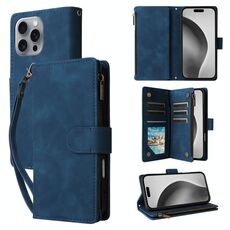 Per iPhone 16 Pro Max Crossbody Multi-card Slot Portafoglio Cerniera Custodia per telefono in pelle (blu scuro)