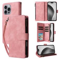 Per iPhone 16 Pro Max Custodia a tracolla con slot multischeda in pelle con cerniera per telefono (rosa)