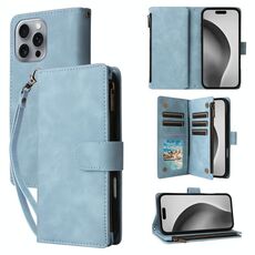 Custodia per telefono in pelle con cerniera per portafoglio con slot multischeda a tracolla per iPhone 16 Pro Max (azzurro)
