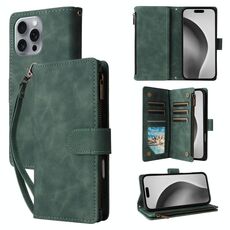 Per iPhone 16 Pro Max Crossbody Multi-card Slot Portafoglio Cerniera Custodia per telefono in pelle (verde)