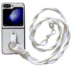 Custodia protettiva per telefono con motivo Camelia Impression per Samsung Galaxy Z Flip6 con anello di diamanti e cordino lungo (bianco)