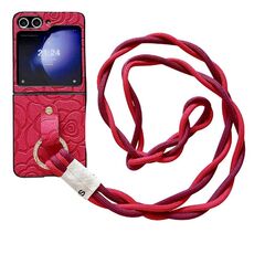 Per Samsung Galaxy Z Flip6 Custodia protettiva con motivo Camelia Impression e cordino lungo con anello di diamanti (Rosso)