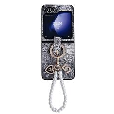 Custodia per telefono a copertura totale in stile ricamo per Samsung Galaxy Z Flip6 con catena ad anello (nero)