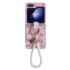 Custodia per telefono a copertura totale in stile ricamo per Samsung Galaxy Z Flip6 con catena ad anello (rosa)