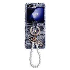 Custodia per telefono a copertura totale in stile ricamo per Samsung Galaxy Z Flip6 con catena ad anello (blu)