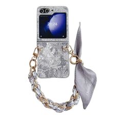 Per Samsung Galaxy Z Flip6 Custodia per telefono a copertura totale in stile ricamo fai-da-te con sciarpa/bracciale (grigio)