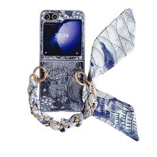 Per Samsung Galaxy Z Flip6 Custodia per telefono a copertura totale in stile ricamo fai-da-te con sciarpa/bracciale (blu)