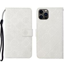 Per iPhone 16 Pro Custodia per telefono in pelle con motivo in rilievo in stile etnico (bianco)