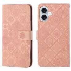 Per iPhone 16 Plus Custodia per telefono in pelle con motivo in rilievo in stile etnico (rosa)