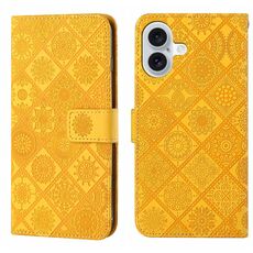 For iPhone 16 Plus Ethnic Style Embossed Pattern Leather Phone Case(Yellow)