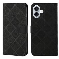 Per iPhone 16 Plus Custodia per telefono in pelle con motivo in rilievo in stile etnico (nero)