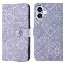For iPhone 16 Plus Ethnic Style Embossed Pattern Leather Phone Case(Purple)