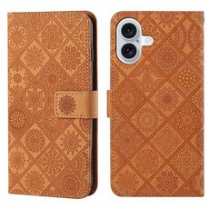 Per iPhone 16 Custodia per telefono in pelle con motivo in rilievo in stile etnico (marrone)