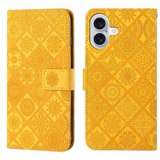 For iPhone 16 Ethnic Style Embossed Pattern Leather Phone Case(Yellow)