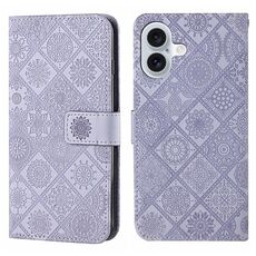 Per iPhone 16 Custodia per telefono in pelle con motivo in rilievo in stile etnico (viola)