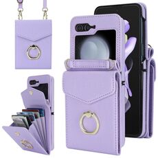 Per Samsung Galaxy Z Flip6 Custodia per telefono con slot per schede RFID con texture Litchi e supporto ad anello (viola)