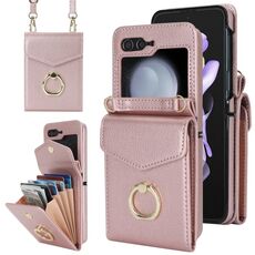 Per Samsung Galaxy Z Flip6 Custodia per telefono con slot per schede RFID con texture Litchi e supporto ad anello (oro rosa)