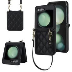 Per Samsung Galaxy Z Flip6 Custodia per telefono con trama rombica con cordino lungo e corto (nero)