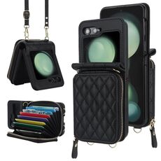 Per Samsung Galaxy Z Flip6 Custodia per telefono con motivo rombico e doppio cordino (nero)