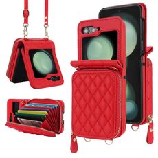 Per Samsung Galaxy Z Flip6 Custodia per telefono con motivo rombica e doppio cordino (rosso)