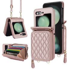 Per Samsung Galaxy Z Flip6 Custodia per telefono con motivo rombico e doppio cordino (oro rosa)