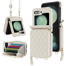 Per Samsung Galaxy Z Flip6 Custodia per telefono con motivo rombico e doppio cordino (bianco)