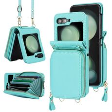 Per Samsung Galaxy Z Flip6 Custodia pieghevole con cerniera lunga e corta per slot per schede (verde menta)
