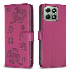 Custodia per telefono in pelle goffrata a quattro foglie per Honor X6b (rosso rosa)